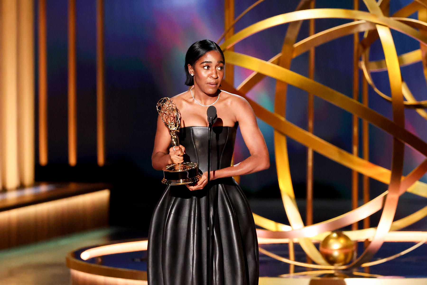 Ayo Edebiri at the 75th Primetime Emmy Awards held at the Peacock Theater on January 15, 2024 in Los Angeles, California.