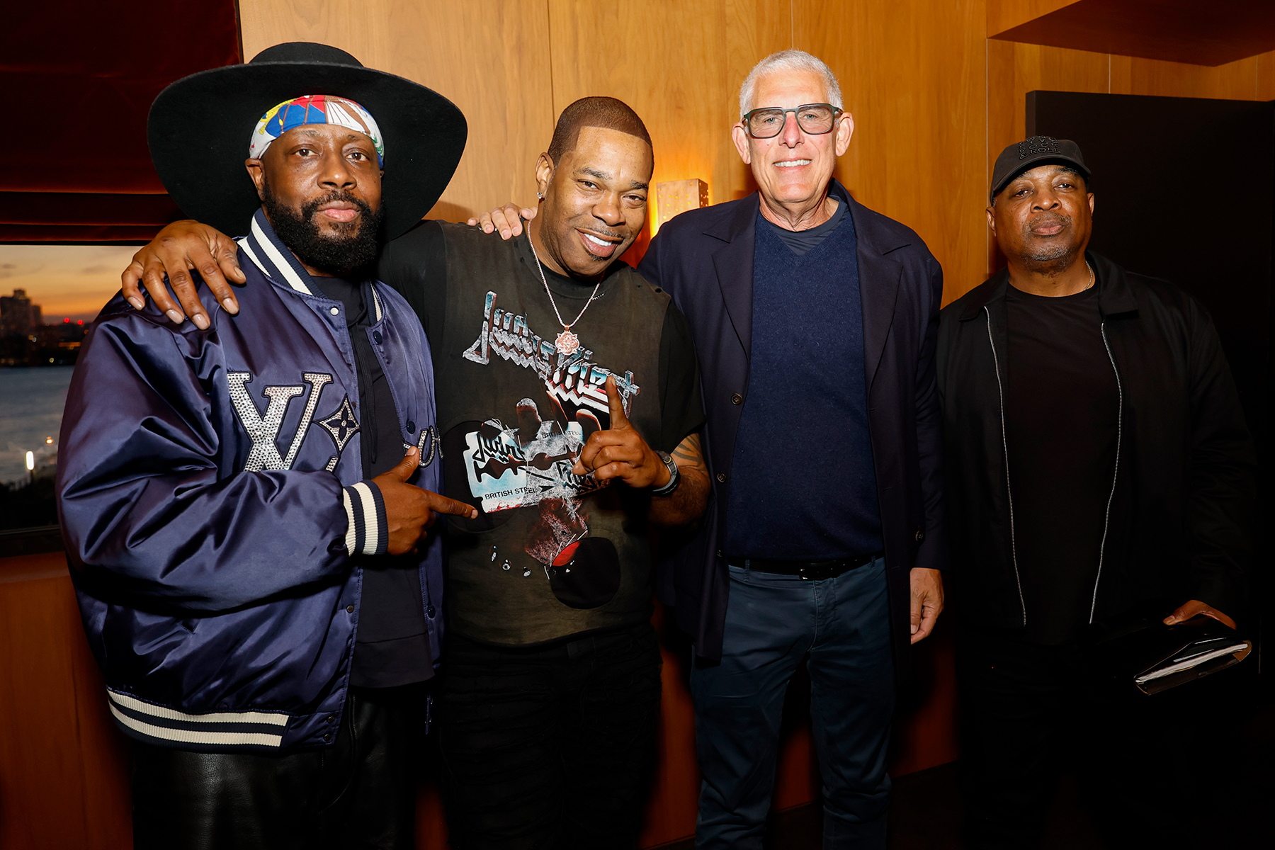 (L-R) Wyclef Jean, Busta Rhymes, Lyor Cohen and Chuck D attend as YouTube Music Hosts The Future of Music and AI Event on September 15, 2025 in New York City.