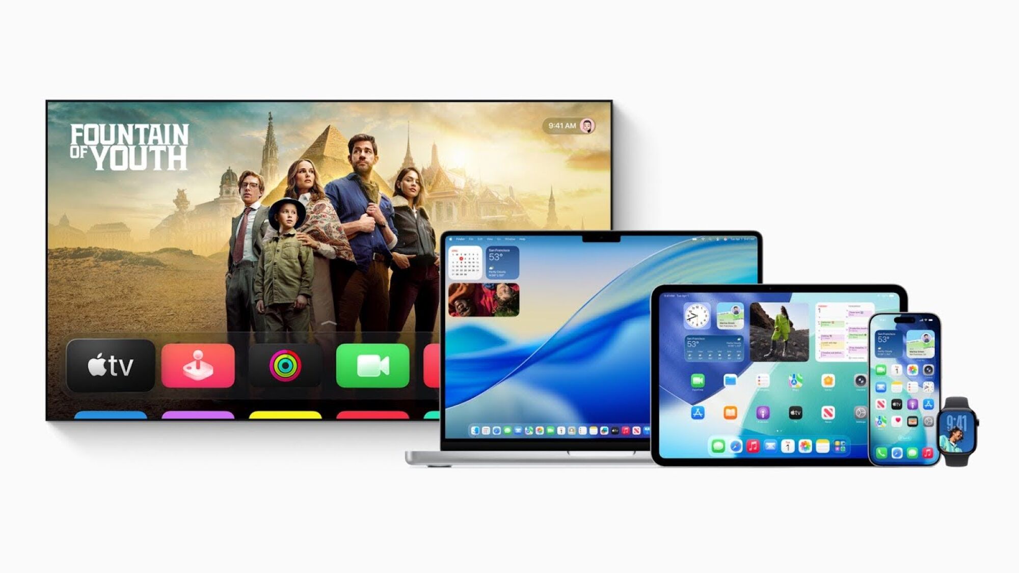 Apple devices, including a laptop, iPad, iPhone, and Apple watch, are arranged overlapping to display the different operating systems.