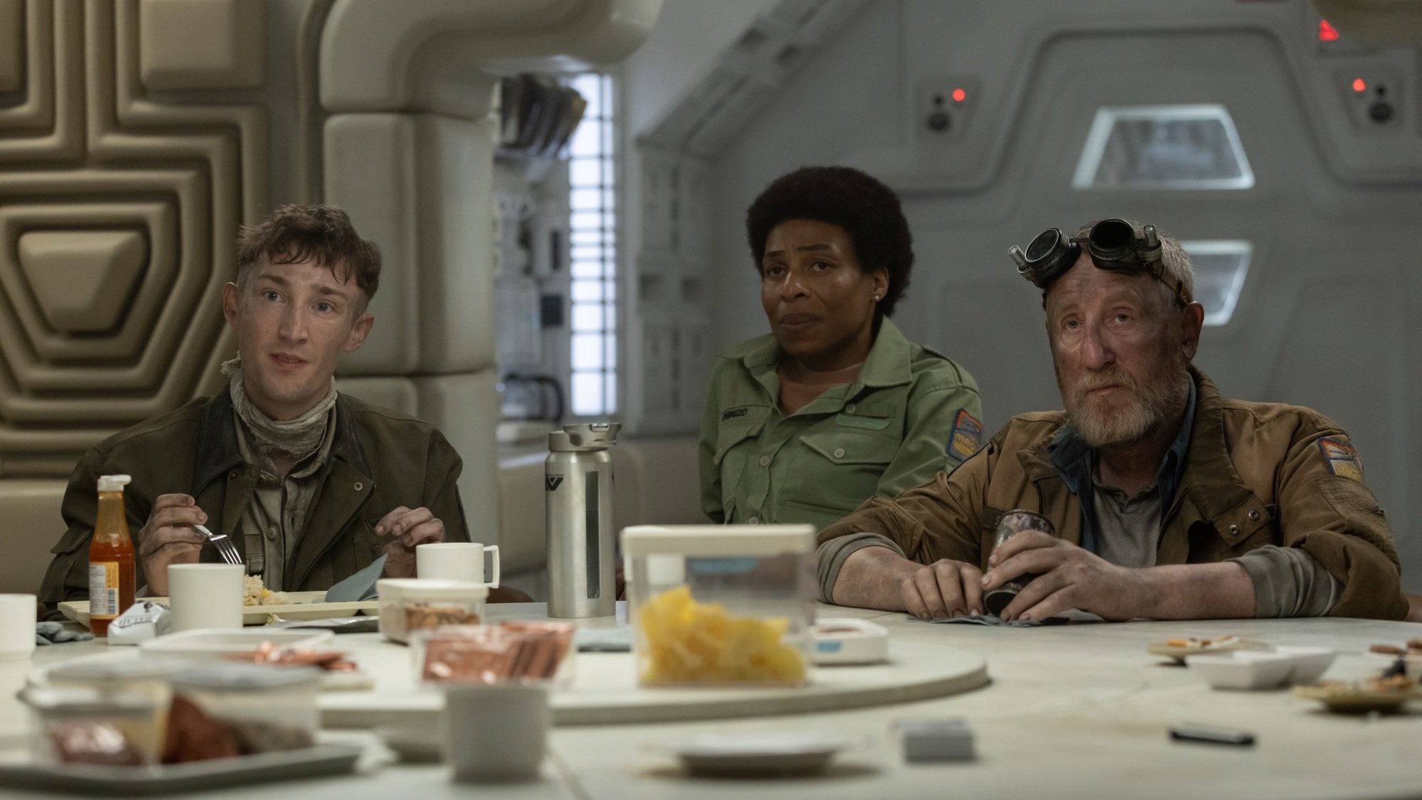 Jamie Bisping, Karen Aldridge, and Michael Smiley in "Alien: Earth."