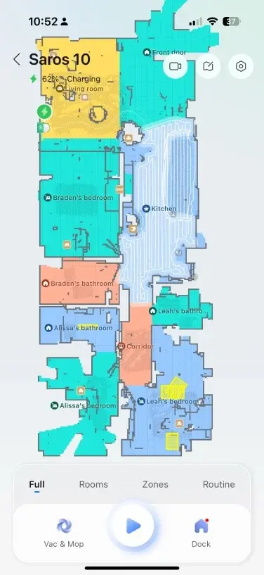 Color-coded robot vacuum home map created in Roborock app