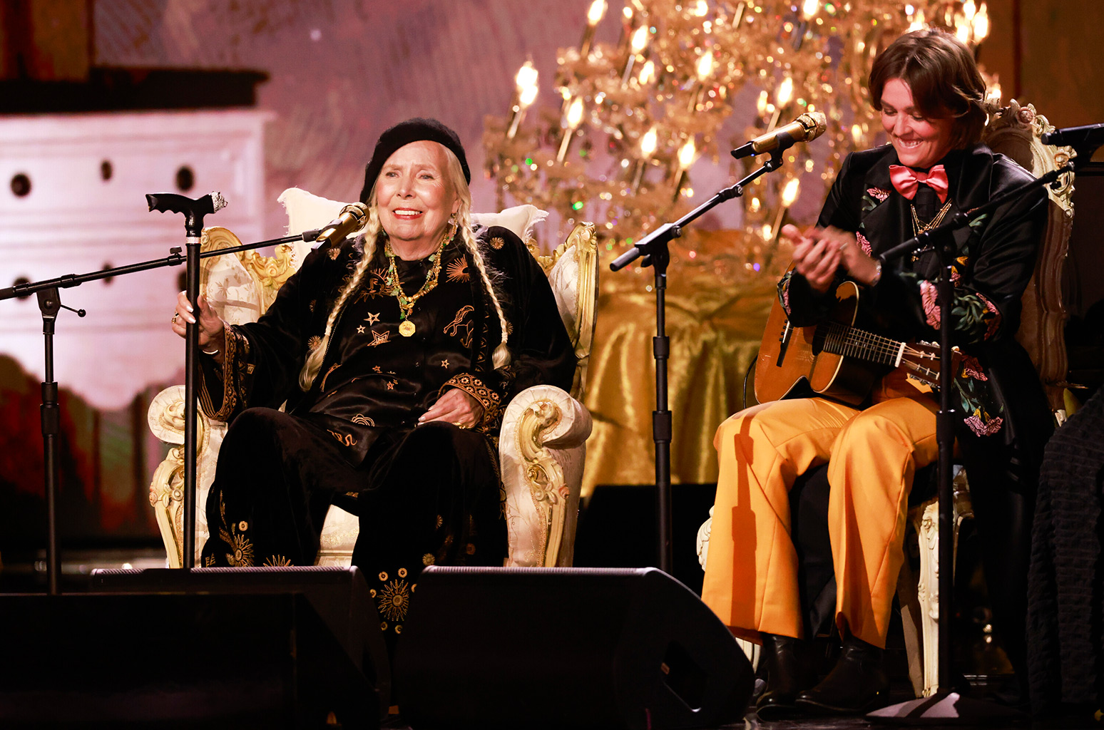 Joni Mitchell and Brandi Carlile performing at The 66th Annual Grammy Awards at the Crypto.com Arena on February 4, 2024 in Los Angeles, California.
