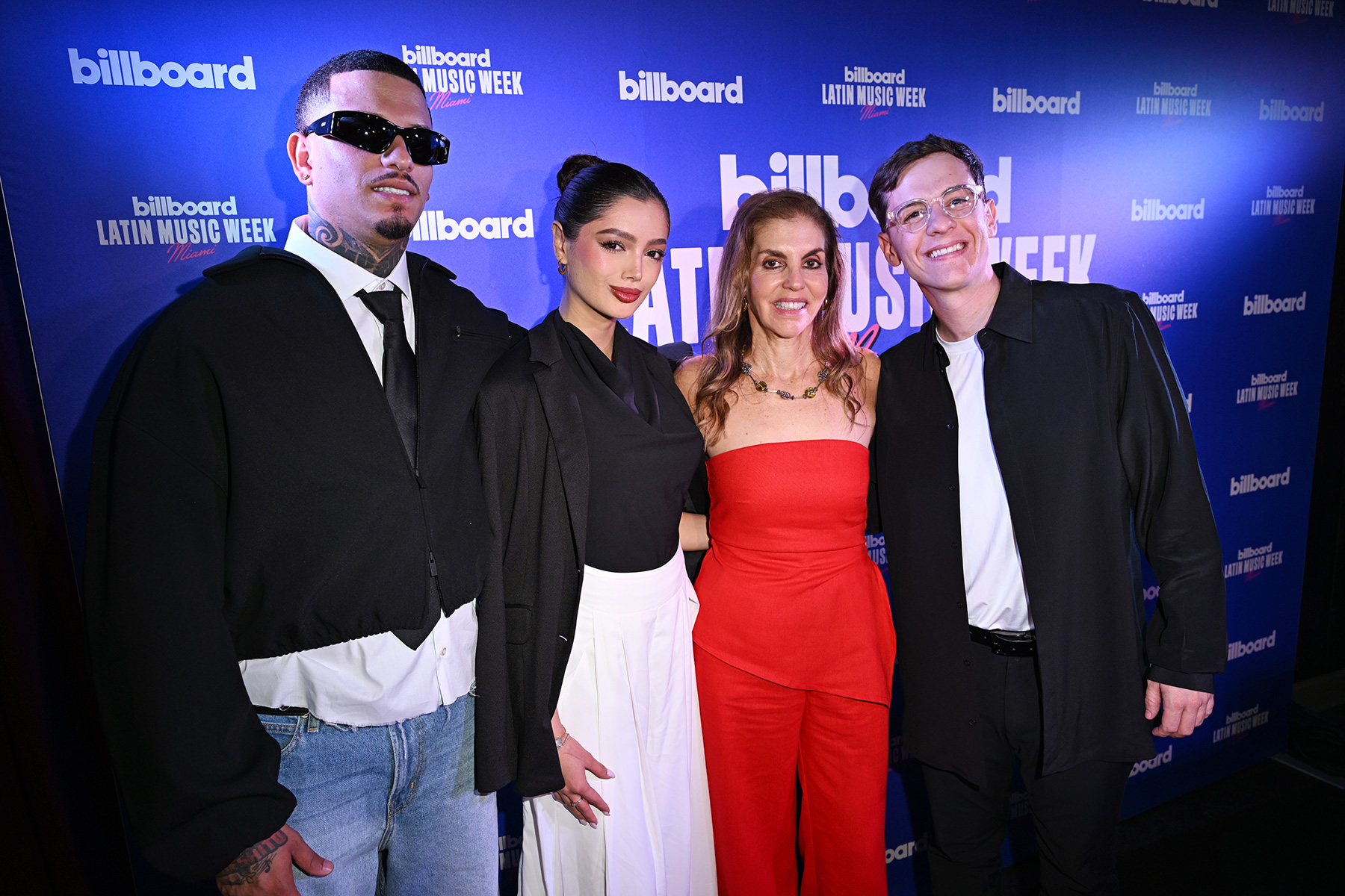Bebeshito, Paola Ruiz, Leila Cobo and Guaynaa at the Billboard Latin Music Week 2025 Press Conference on September 18, 2025 in Miami Beach, Florida.