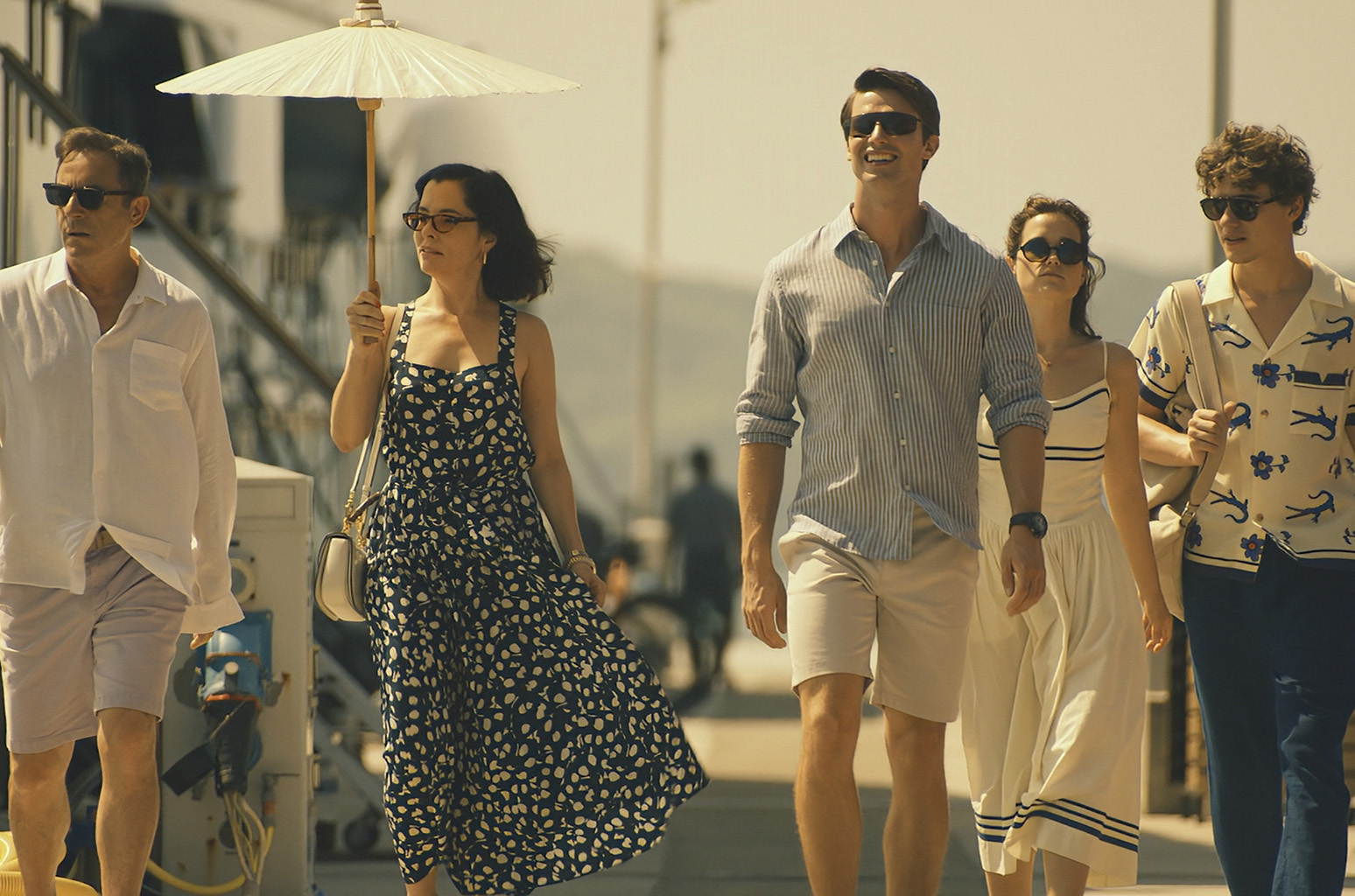 Jason Isaacs, Parker Posey, Patrick Schwarzenegger, Sarah Catherine Hook and Sam Nivola in 'The White Lotus' season 3