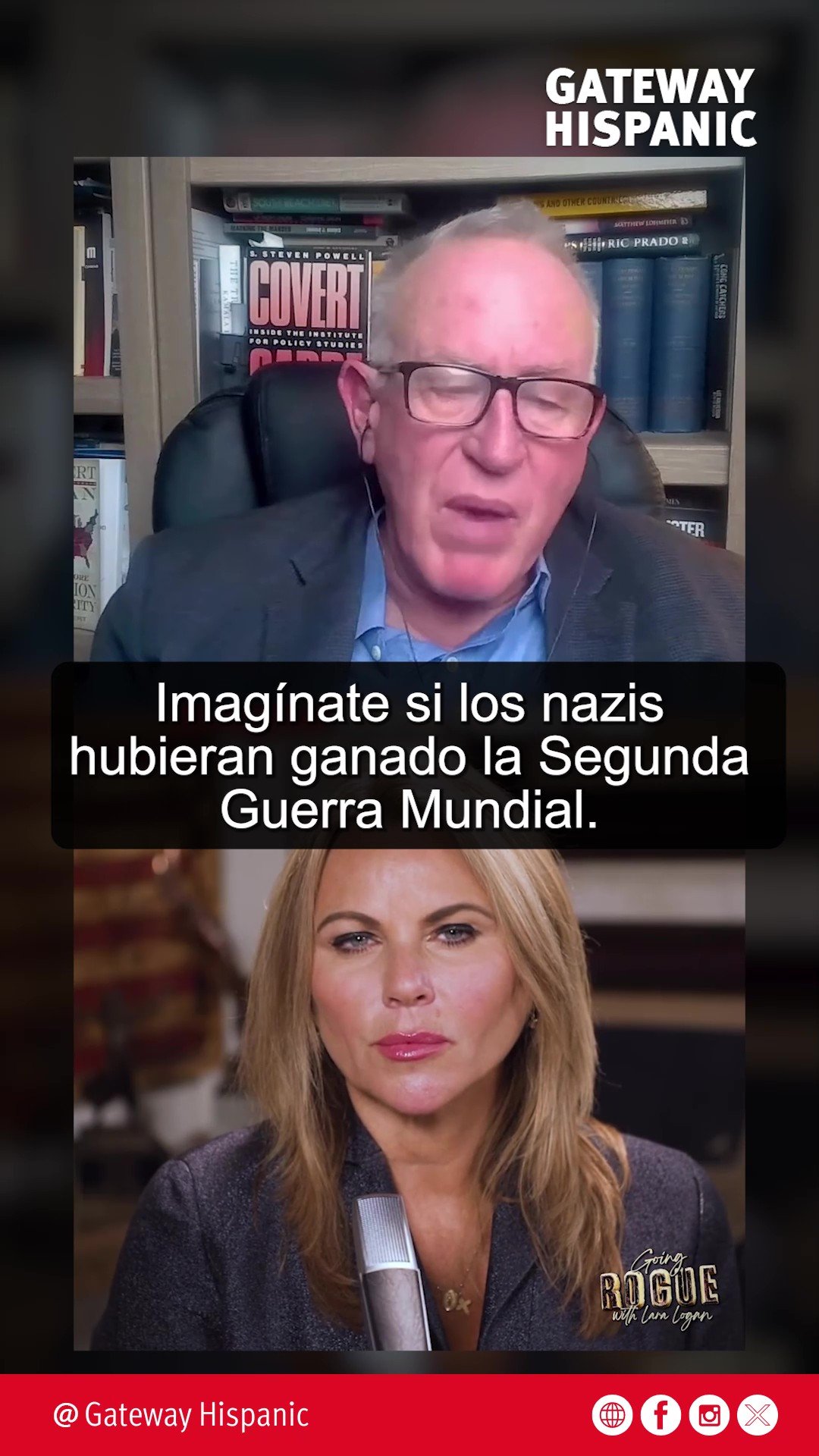Discussion between two speakers about the hypothetical outcome of World War II if the Nazis had won, featured on Gateway Hispanic.