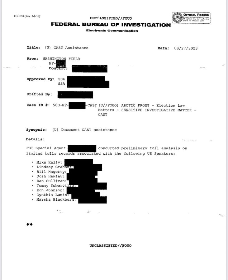 FBI electronic communication dated September 27, 2023, regarding CAST assistance and preliminary toll analysis related to specific U.S. Senators.