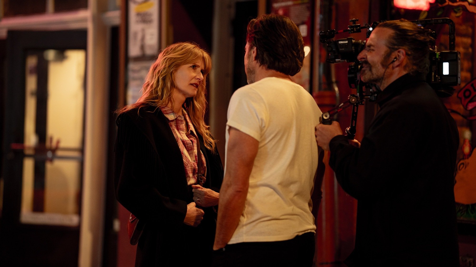 Laura Dern and Will Arnett with director Bradley Cooper on the set of "Is This Thing On?"