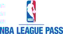 NBA League Pass logo with blue font and blue and red player illustration