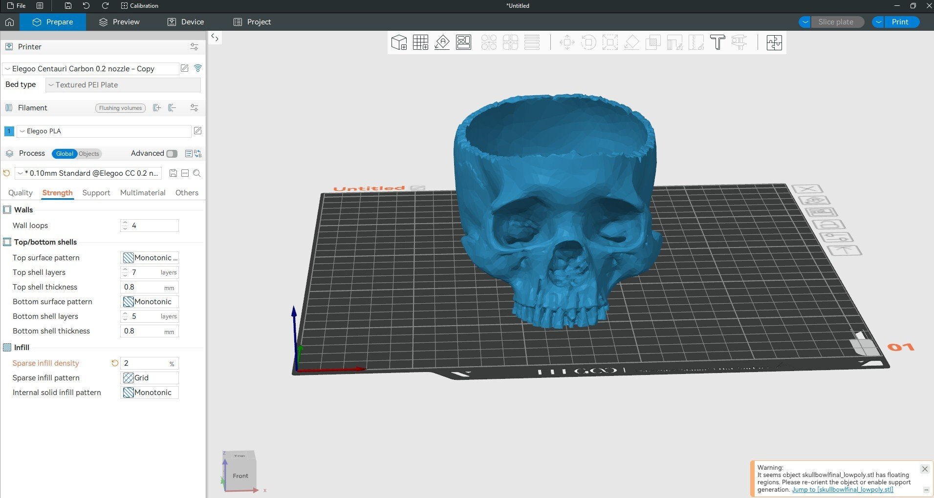 3D printer software with rendering of a skull