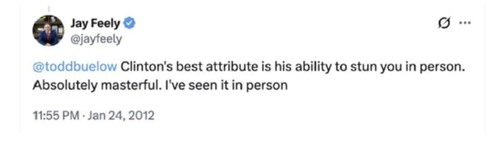 Tweet from Jay Feely praising Clinton's impressive ability to captivate audiences in person, dated January 24, 2012.