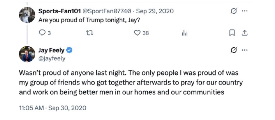Screenshot of a Twitter conversation between Sports-Fan101 and Jay Feely discussing pride in leadership and community efforts following a political event.