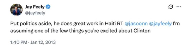 Tweet by Jay Feely discussing positive work in Haiti and mentioning political figures, dated January 12, 2013.
